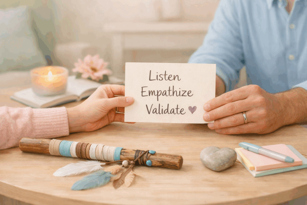Hands holding a card that reads “Listen, Empathize, Validate” during a calm and supportive conversation.
