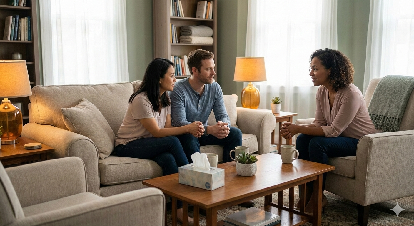 Couple speaking with a professional counselor during a supportive in-person counseling session.