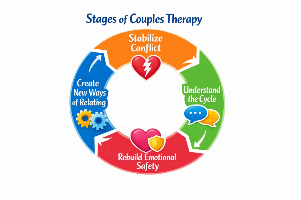 Circular diagram showing the stages of couples therapy: stabilize conflict, understand the cycle, rebuild emotional safety, and create new ways of relating.